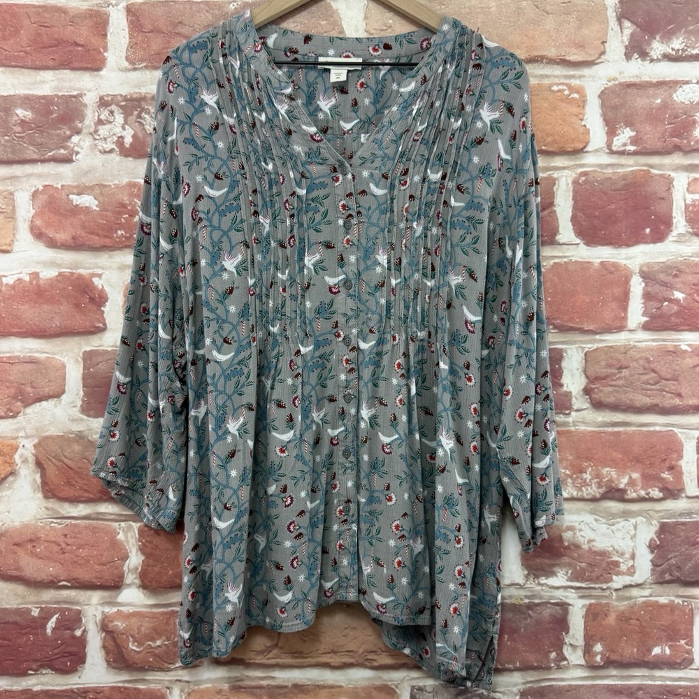 Coldwater Creek Top Women's 2X Gray Floral Birds Christmas Holiday Casual Shirt - Picture 7 of 9